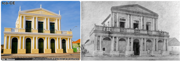 Teatro Ribeira dos Icós, construído pelo médico francês Théberge em 1860, segundo mais antigo do Brasil; à direita imagem antes da restauração